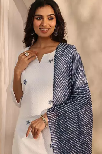 embroidered notch neck thread work straight kurta with trousers & dupatta