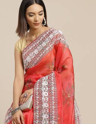 Red red & white floral embroidered organza saree 1