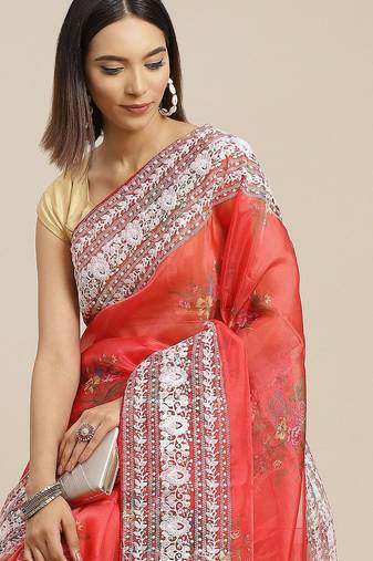 Red red & white floral embroidered organza saree