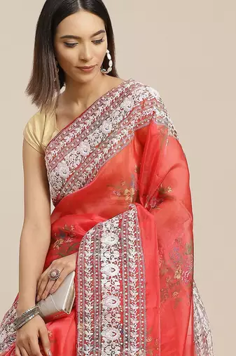 Red red & white floral embroidered organza saree