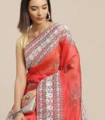 Red red & white floral embroidered organza saree