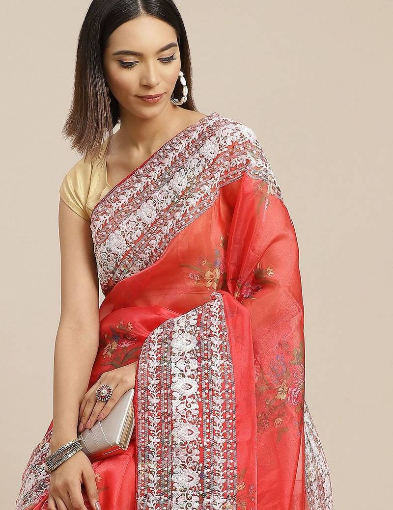 Red red & white floral embroidered organza saree