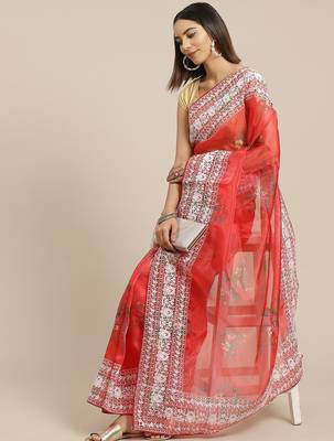 Red red & white floral embroidered organza saree 2