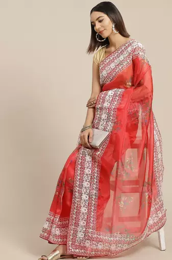 Red red & white floral embroidered organza saree