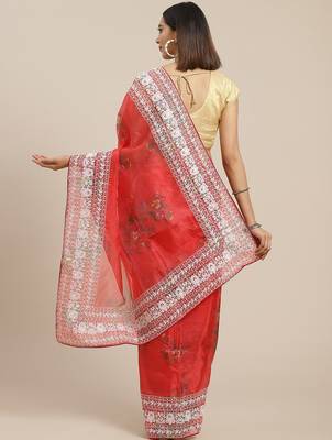 Red red & white floral embroidered organza saree 3