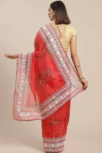 Red red & white floral embroidered organza saree