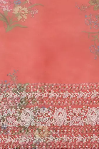 Red red & white floral embroidered organza saree