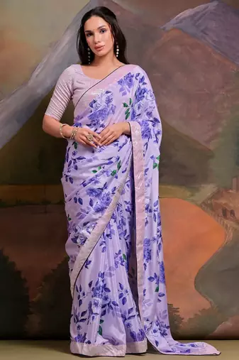 Lavender lavender floral printed sequinned  chiffon saree