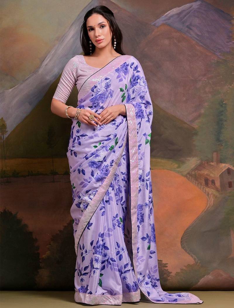 Lavender lavender floral printed sequinned  chiffon saree