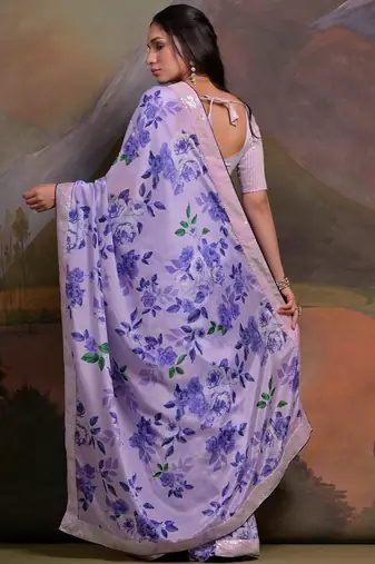 Lavender lavender floral printed sequinned  chiffon saree