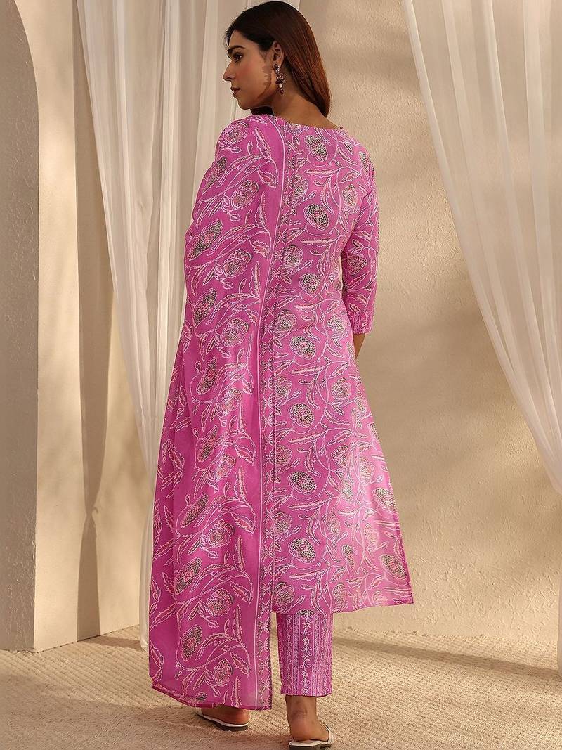 women floral printed regular thread work kurta with trousers & with dupatta