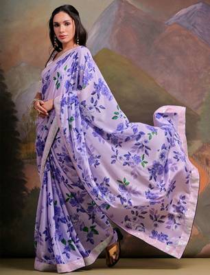 Lavender lavender floral printed sequinned  chiffon saree 3