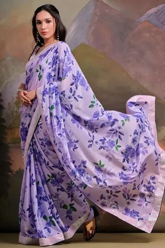 Lavender lavender floral printed sequinned  chiffon saree