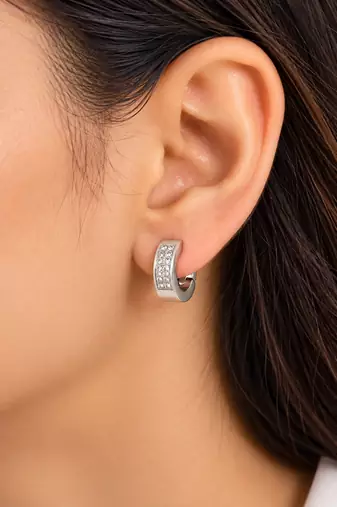 Anti-tarnish, pave crystal setting, chunky hoop design, women's jewellery, secure snap closure