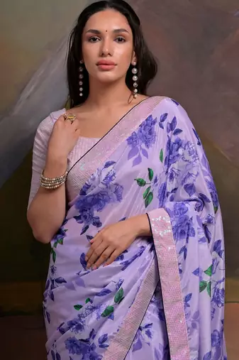 Lavender lavender floral printed sequinned  chiffon saree