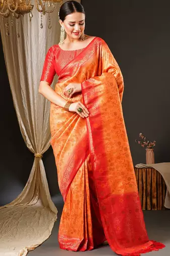 Peach peach-coloured & red ethnic motifs woven design zari kanjeevaram saree