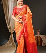 Peach peach-coloured & red ethnic motifs woven design zari kanjeevaram saree