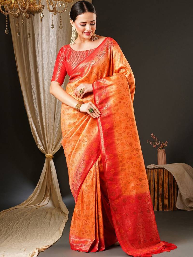 Peach peach-coloured & red ethnic motifs woven design zari kanjeevaram saree