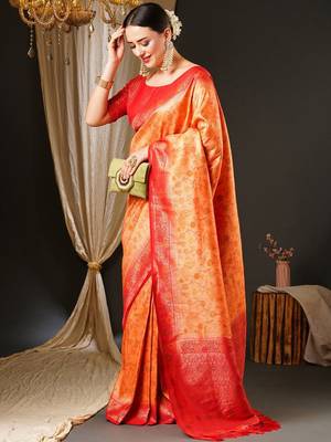 Peach peach-coloured & red ethnic motifs woven design zari kanjeevaram saree 2