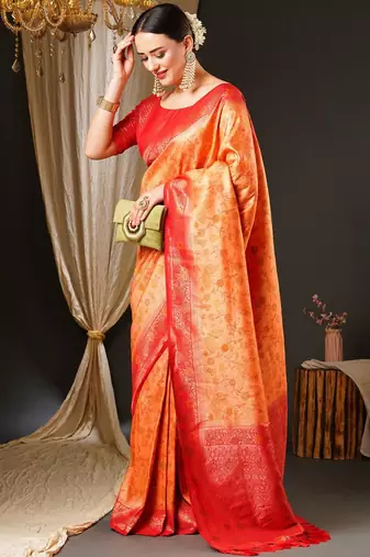 Peach peach-coloured & red ethnic motifs woven design zari kanjeevaram saree