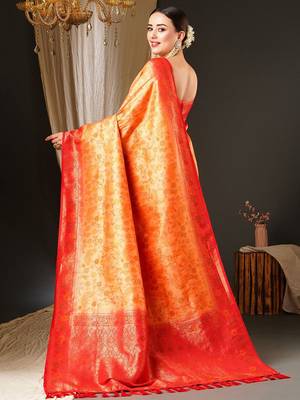 Peach peach-coloured & red ethnic motifs woven design zari kanjeevaram saree 3