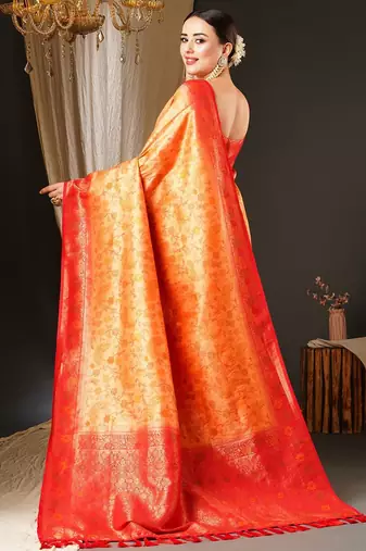 Peach peach-coloured & red ethnic motifs woven design zari kanjeevaram saree