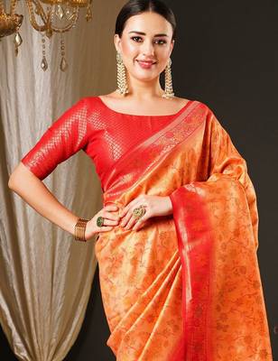 Peach peach-coloured & red ethnic motifs woven design zari kanjeevaram saree 4