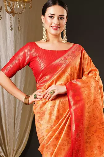 Peach peach-coloured & red ethnic motifs woven design zari kanjeevaram saree
