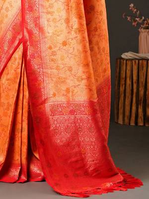 Peach peach-coloured & red ethnic motifs woven design zari kanjeevaram saree 5