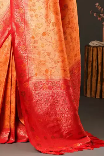 Peach peach-coloured & red ethnic motifs woven design zari kanjeevaram saree
