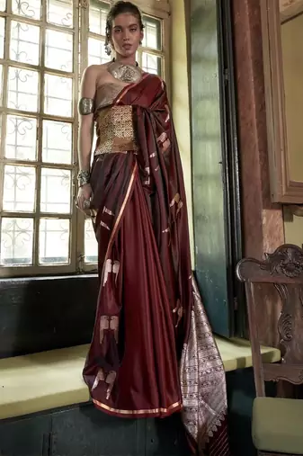 Maroon woven design zari satin banarasi saree