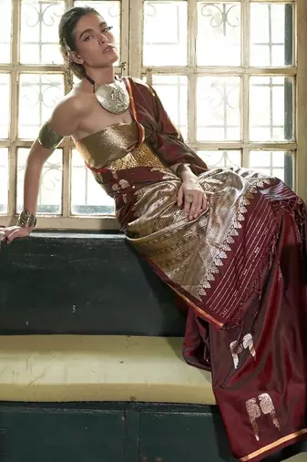 Maroon woven design zari satin banarasi saree
