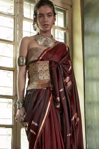 Maroon woven design zari satin banarasi saree