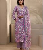 women ethnic motifs printed regular thread work kurta with trousers & with dupatta