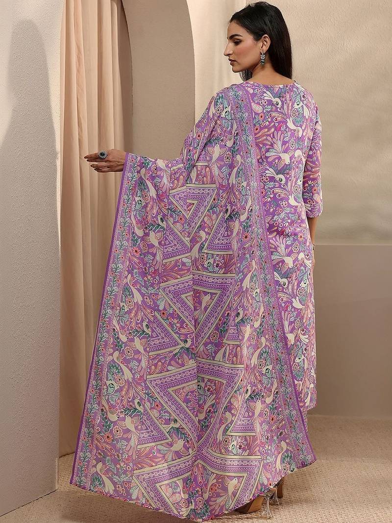women ethnic motifs printed regular thread work kurta with trousers & with dupatta