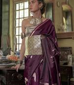 Burgundy floral zari satin banarasi saree