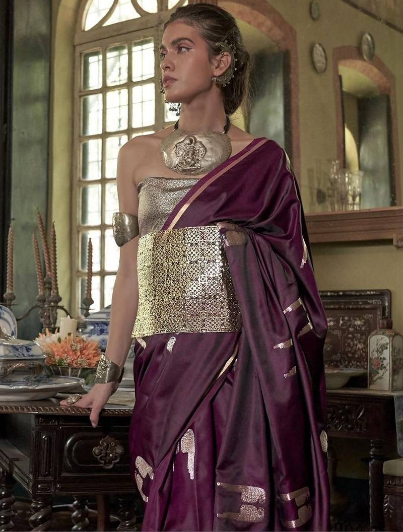 Burgundy floral zari satin banarasi saree