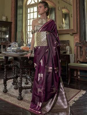 Burgundy floral zari satin banarasi saree 2