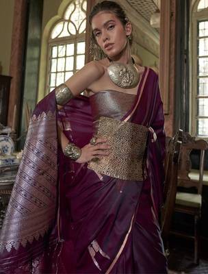 Burgundy floral zari satin banarasi saree 3