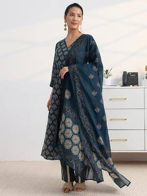 libas blue ajrakh printed a-line suit set with dupatta 1