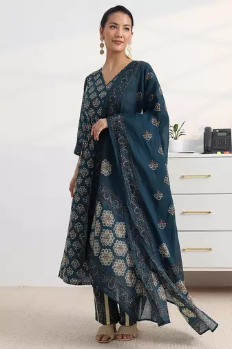 libas blue ajrakh printed a-line suit set with dupatta