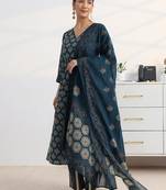 libas blue ajrakh printed a-line suit set with dupatta