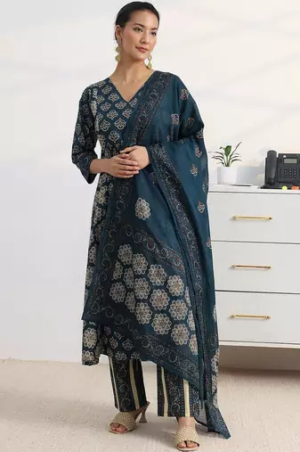 libas blue ajrakh printed a-line suit set with dupatta