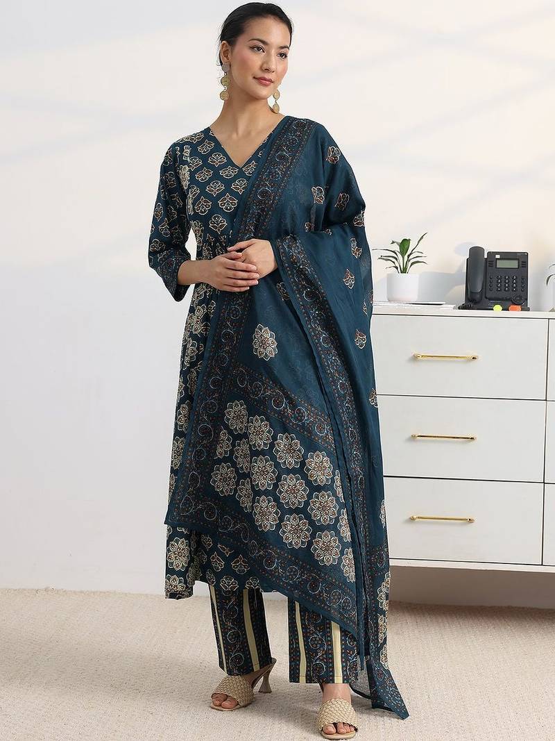 libas blue ajrakh printed a-line suit set with dupatta