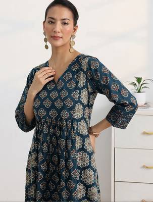 libas blue ajrakh printed a-line suit set with dupatta 3