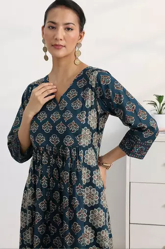 libas blue ajrakh printed a-line suit set with dupatta