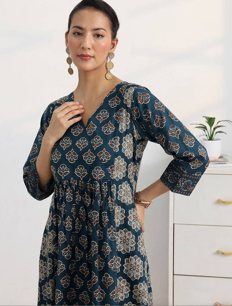 libas blue ajrakh printed a-line suit set with dupatta