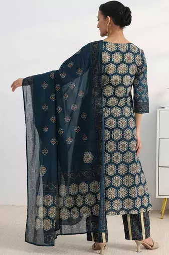 libas blue ajrakh printed a-line suit set with dupatta