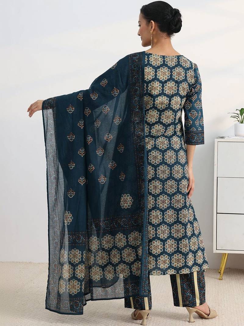 libas blue ajrakh printed a-line suit set with dupatta