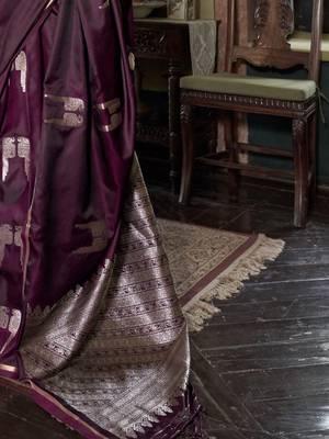 Burgundy floral zari satin banarasi saree 4